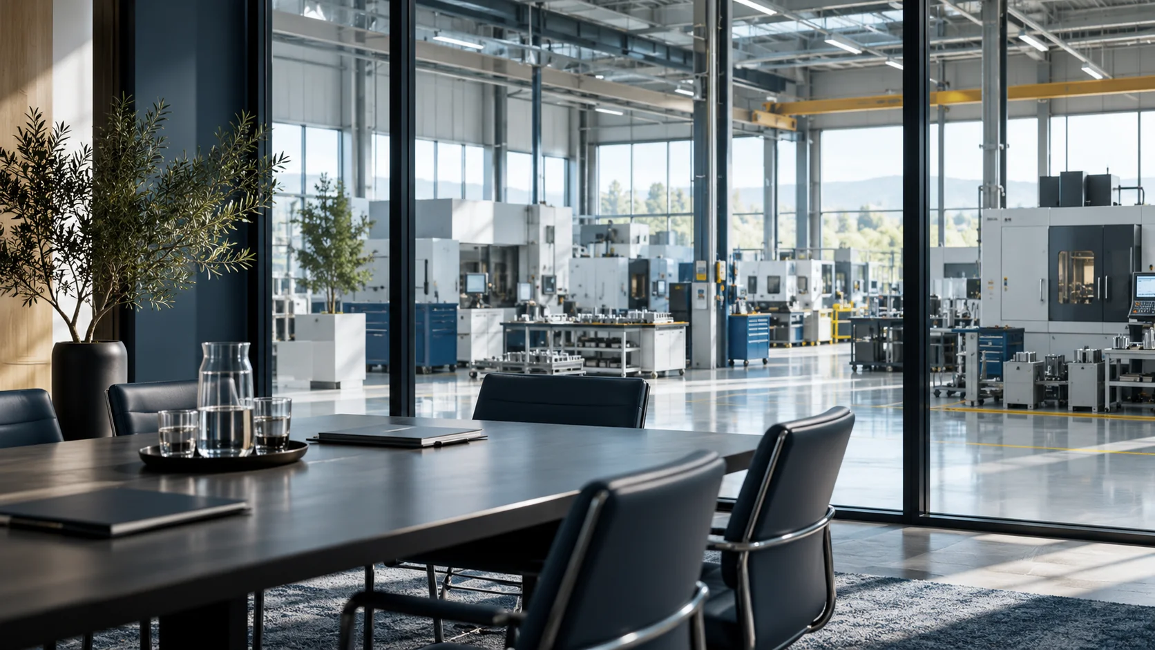 Illustration générée : espace de direction ouvert sur un environnement industriel